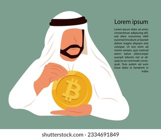 Arab muslim man investor trader cryptocurrency blockchain bitcoin with text. Digital currency exchange, finance, digital money market, crypto coin wallet, online money transfer. Vector illustration