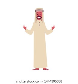 Arab or muslim man in the traditional clothes flat cartoon vector character illustration isolated on white background. Religious and national multicultural diversity.