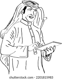 Arab Muslim Man Using Tab Outline Vector Illustration, Sketch Drawing Of Arab Islamic Man Using Tab, Cartoon Doodle Drawing Of Arab Man Using Computer Tab