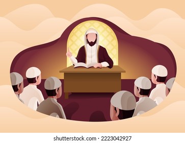 Arab Muslim or Moslem Scholar Teaching in Front of Audience in Mosque Cartoon Illustration