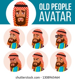 Arab, Muslim Old Man Avatar Set Vector. Face Emotions. Senior Person Portrait. Elderly People. Aged. Flat, Portrait.  Cartoon Head Illustration
