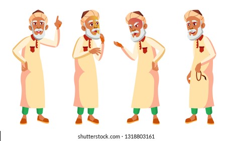 Arab, Muslim Old Man Poses Set Vector. Elderly People. Senior Person. Aged. Friendly Grandparent. Banner, Flyer, Brochure Design Illustration