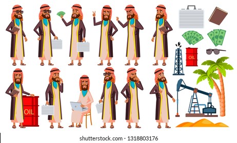 Arab, Muslim Old Man Poses Set Vector. Elderly People. Oil Production, Sheikh, Businessman. Senior Person. Aged. Smile Web Poster Booklet Design Illustration