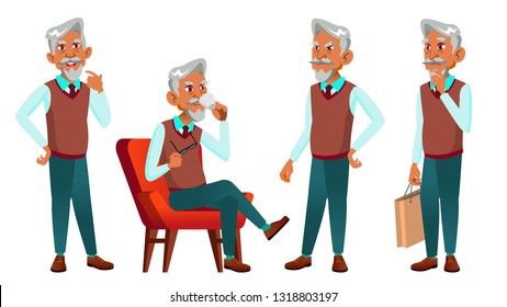 Arab, Muslim Old Man Poses Set Vector. Elderly People. Senior Person. Aged. Caucasian Retiree. Smile. Advertisement, Greeting, Announcement Design Isolated Illustration