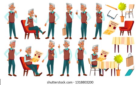 Arab, Muslim Old Man Poses Set Vector. Elderly People. Senior Person. Aged. Funny Pensioner. Leisure. Announcement, Cover Design Isolated Illustration