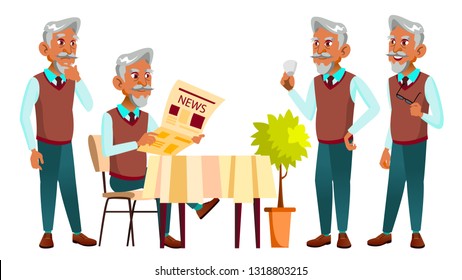 Arab, Muslim Old Man Poses Set Vector. Elderly People. Senior Person. Aged. Positive Pensioner. Web, Brochure, Poster Design Isolated Illustration