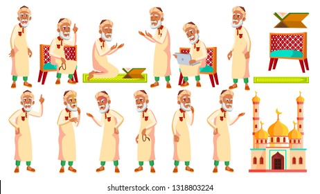 Arab, Muslim Old Man Poses Set Vector. Elderly People. Senior Person. Aged. Active Grandparent. Joy. Presentation, Print Invitation Design Illustration