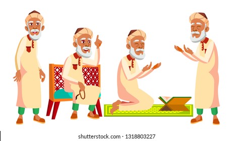 Arab, Muslim Old Man Poses Set Vector. Elderly People. Senior Person. Aged. Beautiful Retiree. Life. Card, Advertisement Greeting Design Illustration