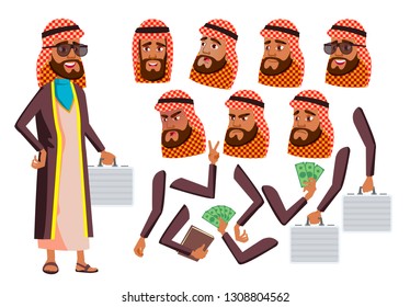 Arab, Muslim Old Man Vector. Senior. Aged, Elderly People. Positive. Face Emotions, Various Gestures. Animation Creation Set. Illustration