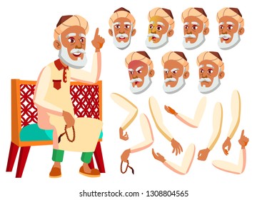 Arab, Muslim Old Man Vector. Senior. Aged, Elderly People. Positive Person. Face Emotions, Various Gestures.  Illustration
