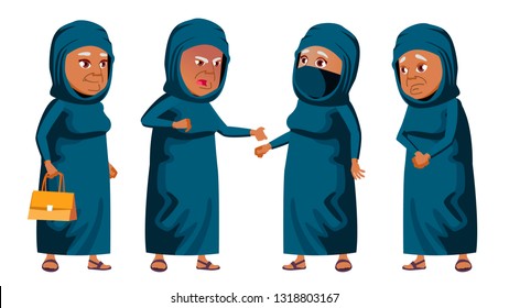 Arab, Muslim Old Woman Poses Set Vector. Elderly People. Senior Person. Aged. Funny Pensioner. Leisure. Postcard, Announcement Cover Design Illustration