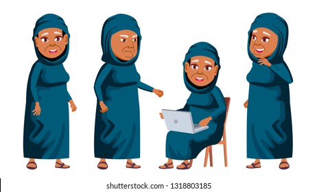 Arab, Muslim Old Woman Poses Set Vector. Elderly People. Senior Person. Aged. Friendly Grandparent. Web, Poster, Booklet Design Illustration