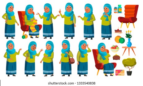 Arab, Muslim Old Woman Poses Set Vector. Elderly People. Senior Person. Aged. Cute Retiree. Activity. Advertisement, Greeting, Announcement Design. Isolated Cartoon Illustration