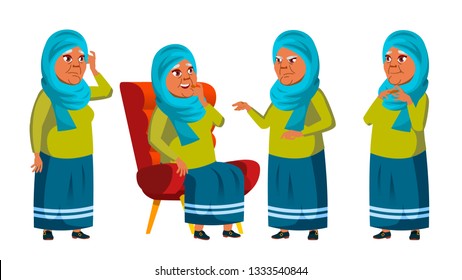 Arab, Muslim Old Woman Poses Set Vector. Elderly People. Senior Person. Aged. Retiree. Smile. Web, Poster, Booklet Design. Isolated Cartoon Illustration
