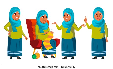 Arab, Muslim Old Woman Poses Set Vector. Elderly People. Senior Person. Aged. Cheerful Grandparent. Presentation, Invitation, Card Design. Isolated Cartoon Illustration
