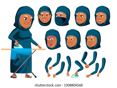 Arab, Muslim Old Woman Vector. Senior Person. Aged, Elderly People. Active, Expression. Face Emotions, Various Gestures. Animation Creation Set. Isolated Flat Cartoon Character Illustration
