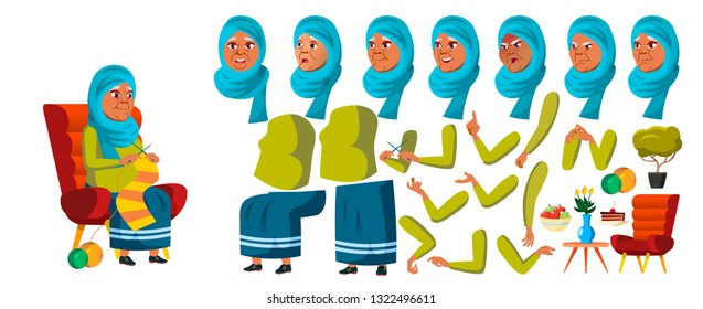 Arab, Muslim Old Woman Vector. Senior Person Portrait. Elderly People. Aged. Animation Creation Set. Face Emotions, Gestures. Funny Pensioner. Leisure. Announcement. Animated. Illustration