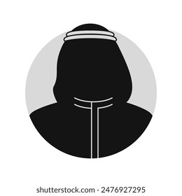 Arab Muslim, portrait, silhouette, avatar or profile of unknown anonymous people.  Eastern Arabian man in traditional clothing. Avatar Arabic faceless man. Isolated black and white vector illustration