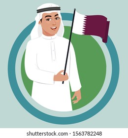 Arab Muslim Qatari Man Holding Qatar Flag In Hand. Arab Wearing Cultural White Thobe Or Thawb Celebrating National Day Of Qatar. Vector Illustration