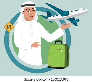 Arab muslim saudi man excited about vacations. Waiting at airport for his Flight. Traveling by air for some personal or business reason with his luggage. Tourism in saudi arabia.