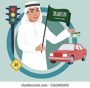 Arab muslim saudi man holding a saudi flag and driving license. Arab driver with a traffic signal in background. Passed driving test. Vector illustration