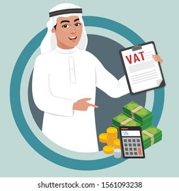 Arab muslim saudi man implemented 5 percent value added tax VAT imposed by Saudi UAE government. Calculating the tax and income revenue. Company offering vat services.