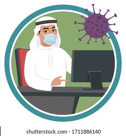 Arab muslim saudi man in office or working from home during corona virus crisis. Male receptionist sitting on a desk & chair, work from home on Computer in to prevent coronavirus covid19 in lockdown.