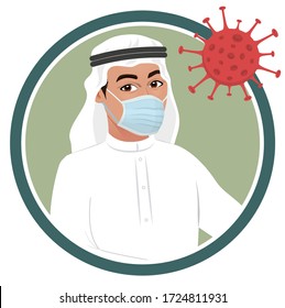 Arab muslim saudi man wearing medical mask during corona virus crisis. Arab male avatar icon or picture for awareness, precaution & prevention against coronavirus covid19, Rules in lock down 2020