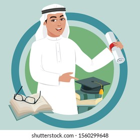 Arab muslim saudi student wearing graduation cap and holding degree after becoming graduate. Promoting higher education.
