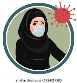 Arab muslim saudi woman wearing medical mask during corona virus crisis. Arab female avatar icon or picture for awareness, precaution & prevention against coronavirus covid19, Rules in lock down 2020