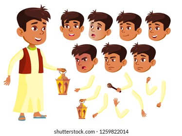 Arab, Muslim Teen Boy Vector. Teenager. Fun, Cheerful. Face Emotions, Various Gestures. Animation Creation Set. Isolated Flat Cartoon Character Illustration
