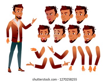 Arab, Muslim Teen Boy Vector. Teenager. Beauty, Lifestyle. Face Emotions, Various Gestures. Animation Creation Set. Isolated Flat Cartoon Character Illustration