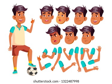 Arab, Muslim Teen Boy Vector. Teenager. Caucasian, Positive. Face Emotions, Various Gestures. Animation Creation Set. Isolated Flat Cartoon Character Illustration