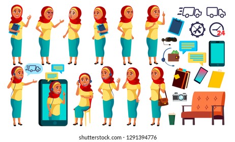 Arab, Muslim Teen Girl Poses Set Vector. Friendly, Cheer. Online Helper, Consultant. For Banner, Flyer, Brochure Design. Isolated Cartoon Illustration