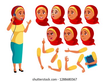 Arab, Muslim Teen Girl Vector. Teenager. Funny. Online Consultant. Worker. Face Emotions, Various Gestures. Animation Creation Set. Isolated Flat Cartoon Character Illustration
