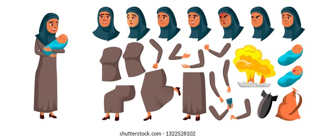 Arab, Muslim Teen Girl Vector. Animation Creation Set. Face Emotions, Gestures. Mother With Child. Animated. Explosion, War, Terrorist Attack, Refugee.  Design. Isolated Cartoon Illustration