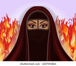 Arab muslim woman in burka and fire, wallpaper, vector illustration