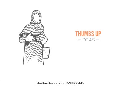 Arab muslim woman carrying annual report with thumbs up gesture. Business best performance, success hand drawn concept design. Sketch isolated vector illustration. Suitable for banner and poster print