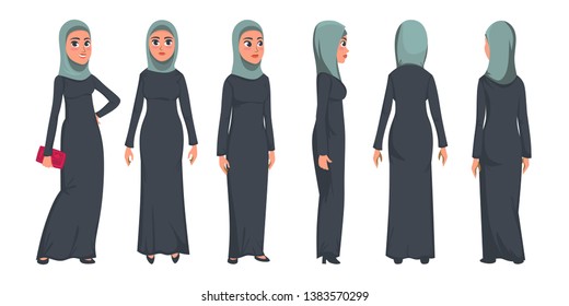 Arab muslim woman character isolated on white background. Muslim woman wearing traditional clothing front, rear, side view. Vector woman in hijab illustration in flat style.