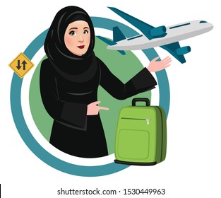 Arab Muslim Woman Or Girl Excited About Vacations. Waiting At Airport For Her Flight. Traveling By Air For Some Personal Or Business Reason With Her Luggage. Favorite Airline Of Air Hostess. 