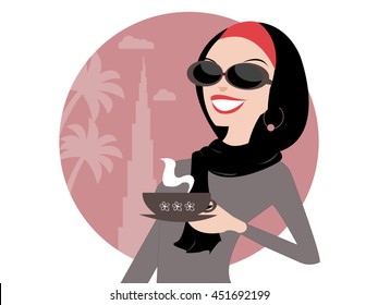 Arab Muslim woman having morning coffee with?? United Arab Emirates Dubai in the background.
