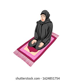 arab muslim woman praying on a praying carpet, vector illustration isolated on white