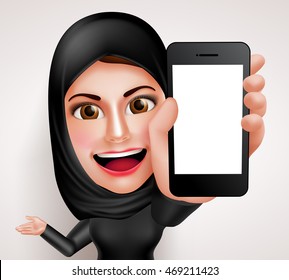 Arab muslim woman vector character holding mobile phone with blank screen while talking like professional showing contents. Vector illustration.