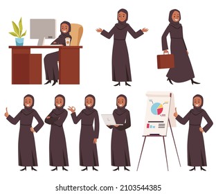 Arab muslim woman wearing hijab at the business work. Saudi business character vector set of different poses such as - at the desk and working on laptop, doing presentation with graphic chart.