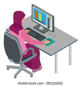 Arab Muslim woman working in office with computer.  Workplace. Vector flat 3d isometric illustration