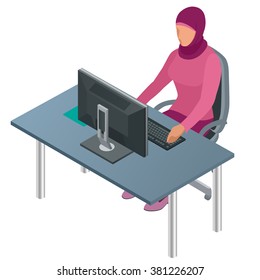 Arab, Muslim Woman Working In Office With Computer.  Vector Flat 3d Isometric Illustration