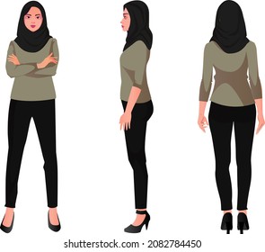 arab muslim women character wearing casual clothing front back and side view vector arabic illustration in flat style