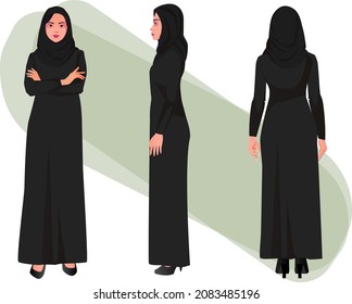 arab muslim women character wearing traditional clothing front back and side view vector arab illustration in flat style