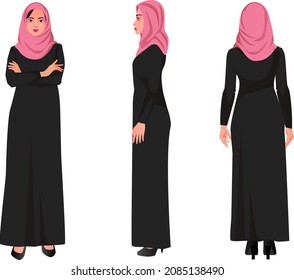 arab muslim women character wearing traditional clothing front back and side view vector arabic illustration in flat style