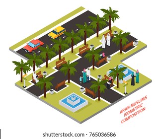 Arab muslims with family or friends in park with palm trees and fountains isometric composition vector illustration